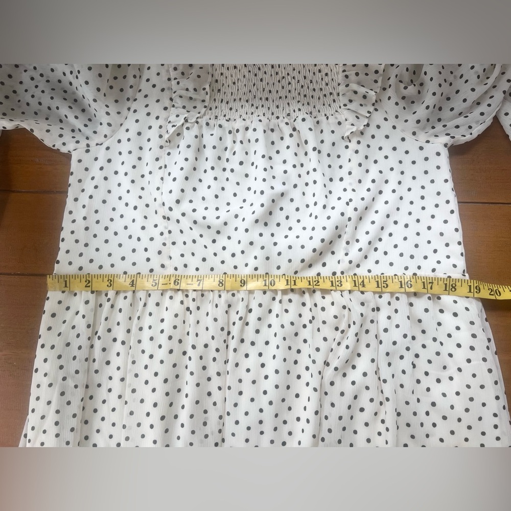 Madewell Smocked Ruffle-Shoulder Midi Dress Inkbrush Dots Cream Black Polka Dot - Picture 11 of 13